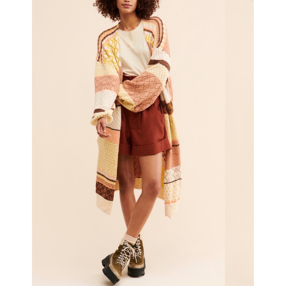 Free People Love and Kisses Patchwork Long Cardigan Sweater XS Boho Artsy duster